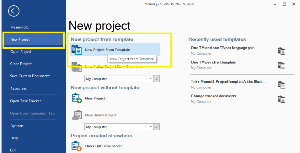 New Project from Template menu in memoQ