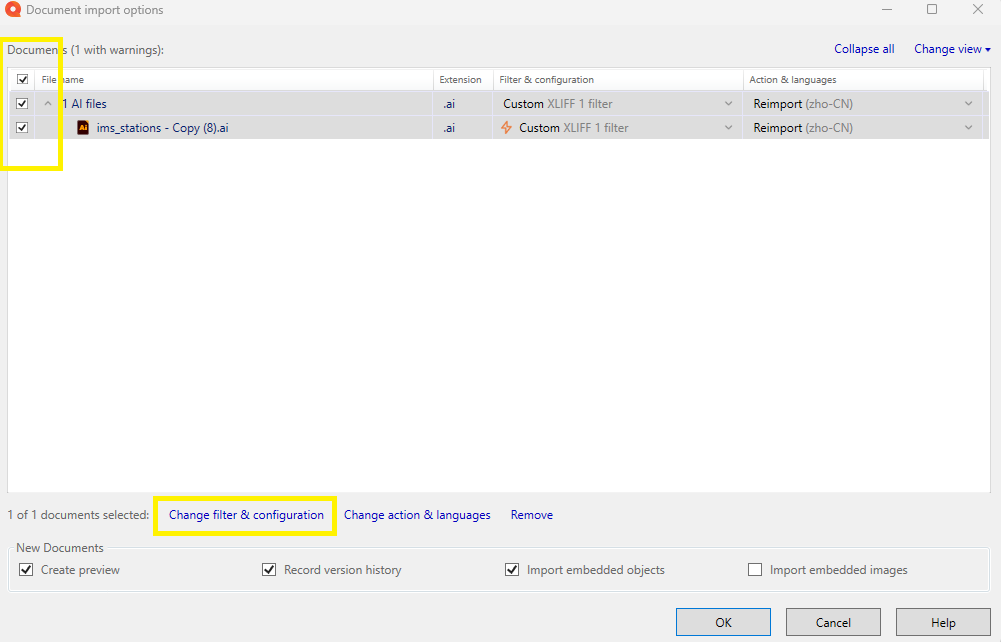 Document import options dialog in memoQ