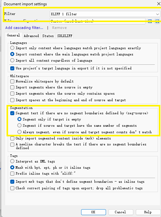 XLIFF 1 filter and segmentation settings dialog