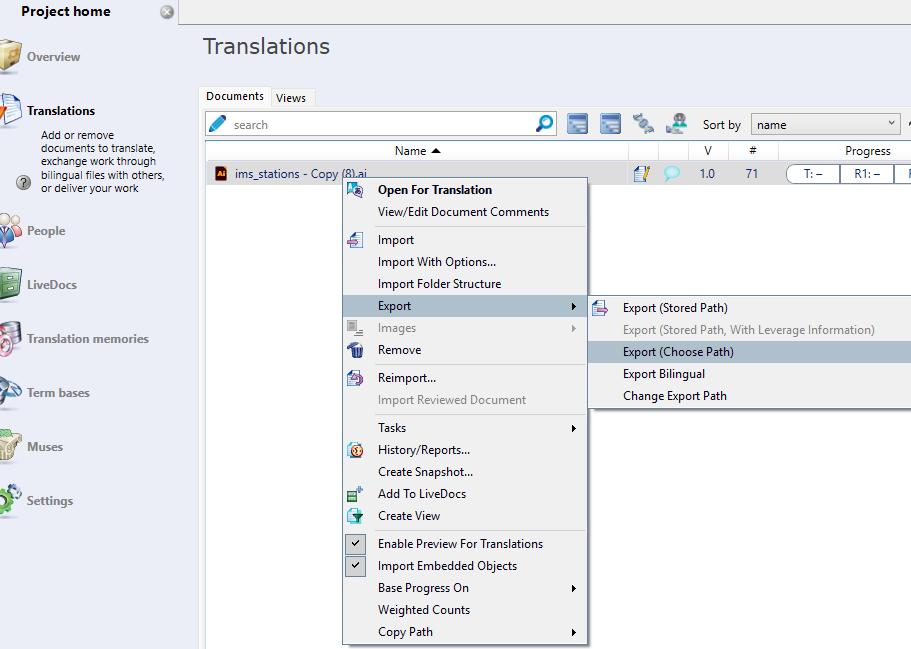 Export dialog in memoQ