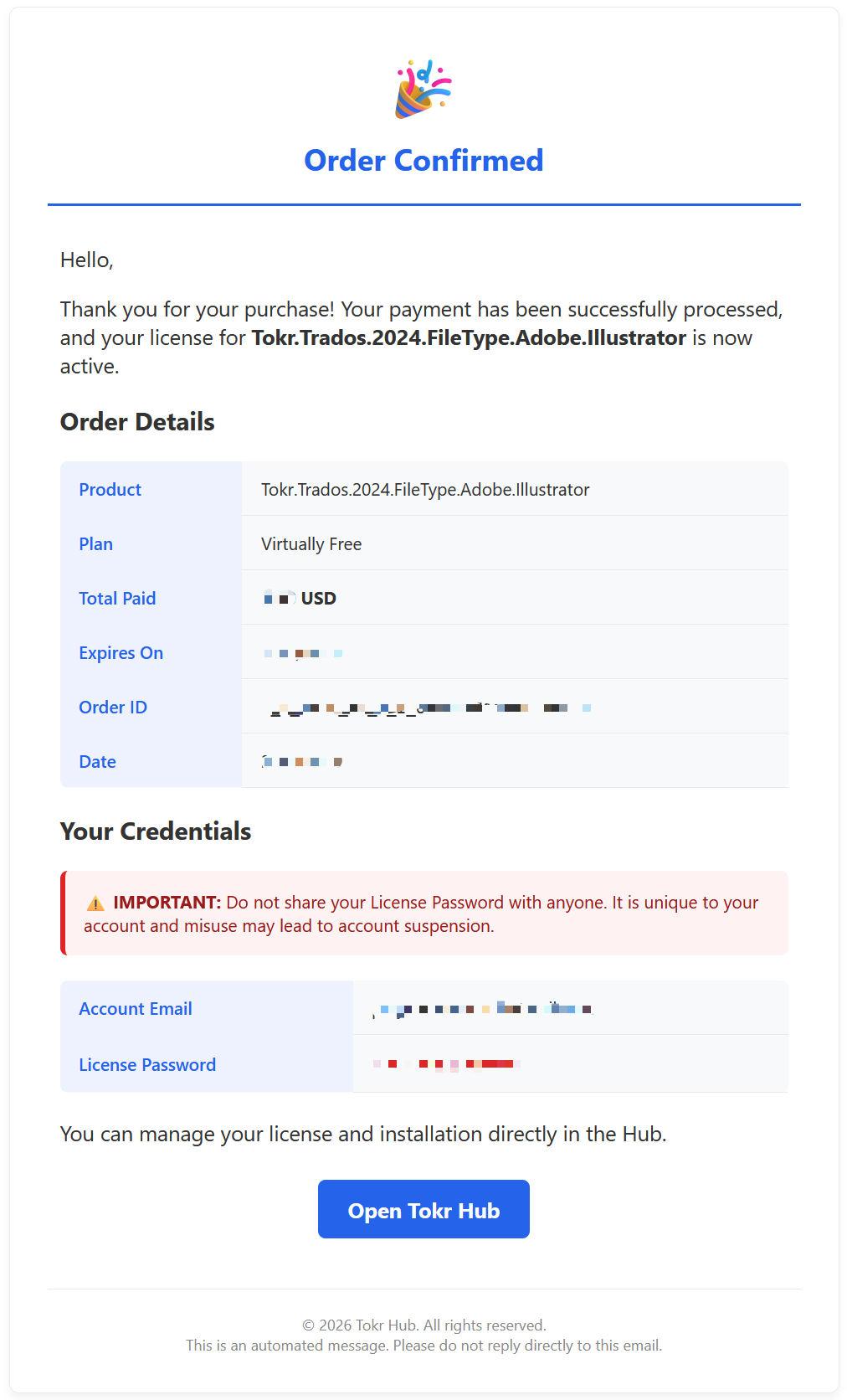 Tokr Hub Order Confirmation